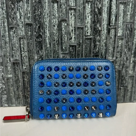 💙Christian Louboutin Panettone Blue Leather Multi Stud Spike Zip Wallet - Picture 2 of 14